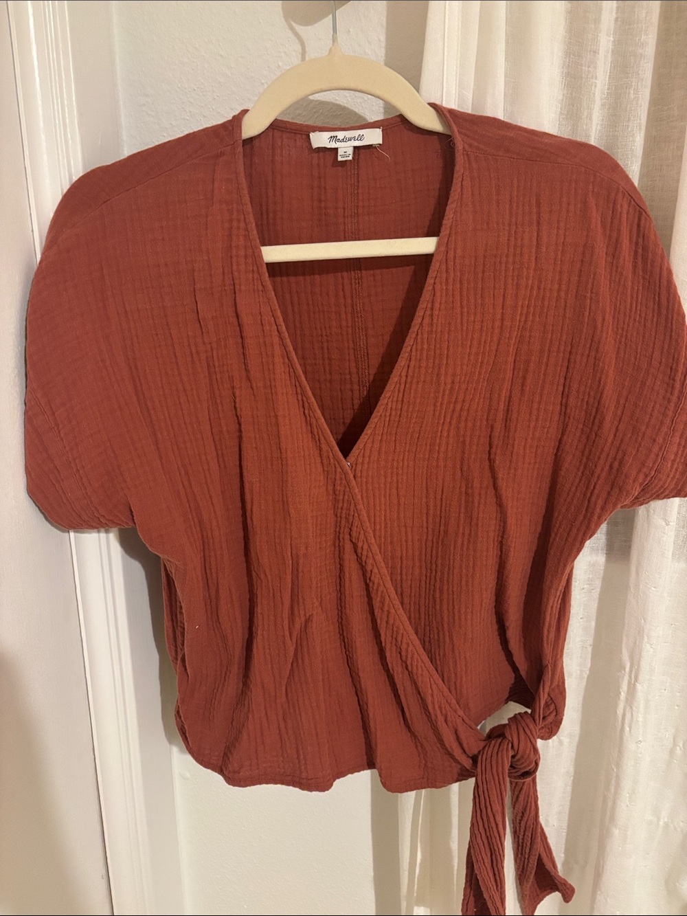 Madewell Rust Cotton Gauze Wrap Tie Blouse